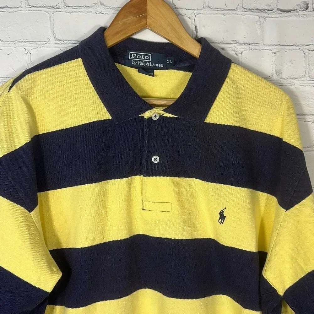 Vintage Polo Ralph Lauren‎ Polo Shirt XL Striped Blue Yellow 100% Cotton